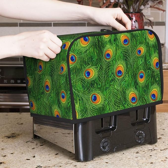 2 Slice Toaster Dust Cover Green Peacock Feathers, Small Kitchen Appliance Protector, Dust & Fingerprint Protection Washable Cover