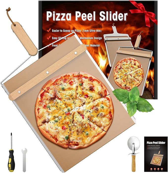 Non-Stick Sliding Pizza Peel 16" & 22x13 Metal Board, Bamboo Paddle w/Detachable Handle & Free Pizza Cutter for Beginners, Outdoor Oven Baking