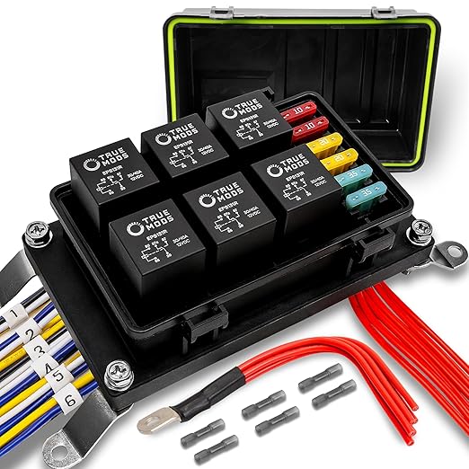 True Mods Waterproof 12V Fuse Relay Box Block Kit w/Pre-Wired Harness [12 & 16AWG] 6 Gang Bosch Style 5Pin 30A/40A Universal Relay & Fuse Panel for DC Auto Automotive Vehicle Car Marine Boat Jeep UTV