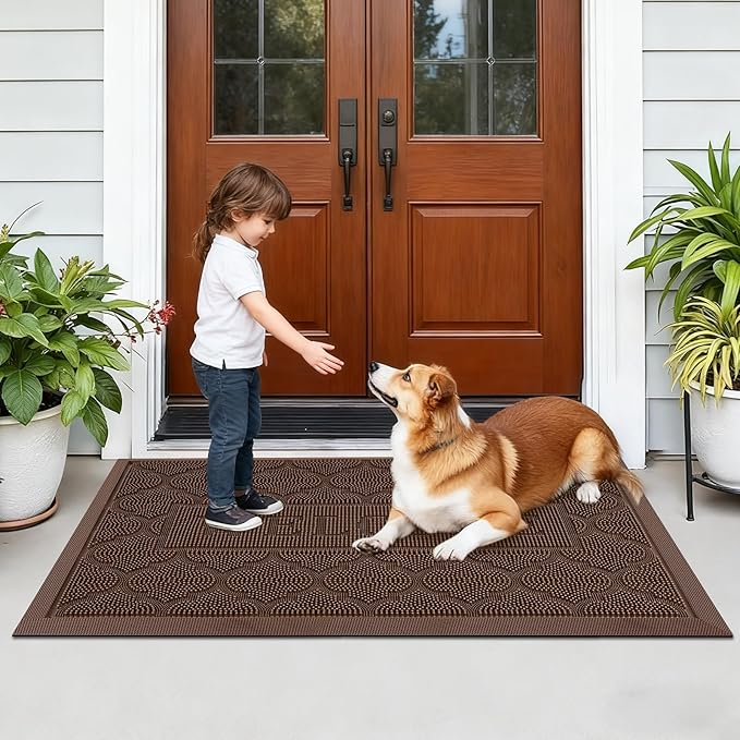 FRAMICS Heavy Duty Rubber Doormat 24x36 Inches - Non-Slip Outdoor Welcome Mat for Front Door Entrance, Waterproof Dirt Trapper for Shoes, All Season Brown Doormat