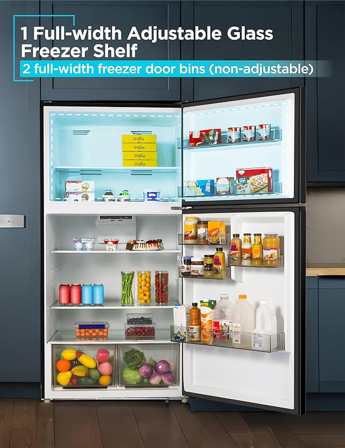 BLACK+DECKER 24 Cu. Ft. Top Mount Refrigerator with Freezer, 2 Door Refrigerator with Top Freezer and Adjustable Temperature Control, Full Size Kitchen, ENERGY STAR, BR2400JB, Black