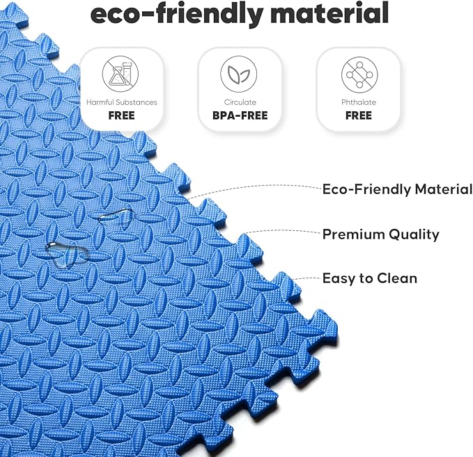 Home Gym Mat, Puzzle Exercise Mat, EVA Interlocking Foam Floor Tiles for Home Workout Equipment and Kids' Play Areas - Blue, 24 in x 24 in x ½ in - 24 Tiles (Blue, 24 Pack 96 sq ft)