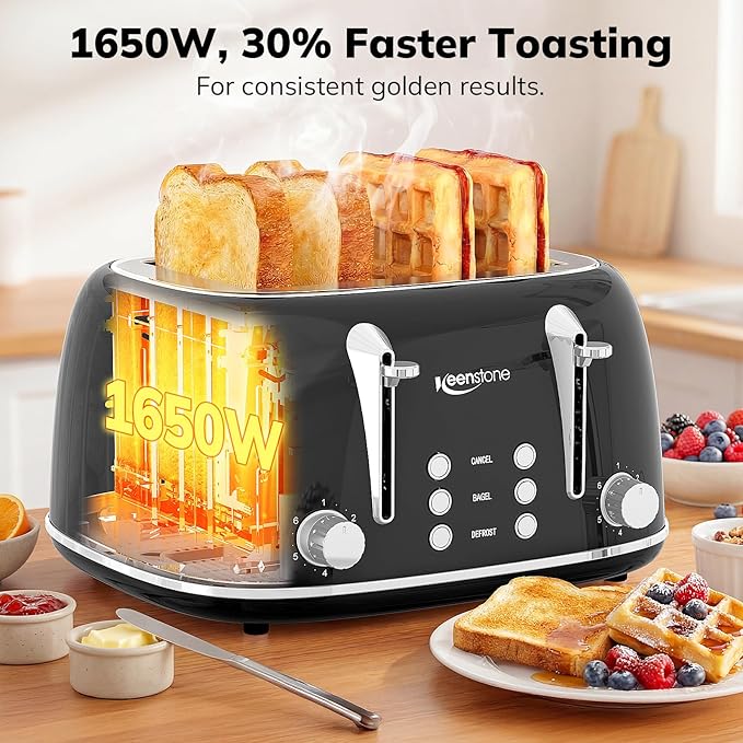 Keenstone Toaster 4 Slice, Retro Stainless Steel Wide Slot Toaster with Dual Independent Controls, 6 Browning Levels, Bagel, Defrost, Reheat & Cancel, Removable Crumb Tray, Black