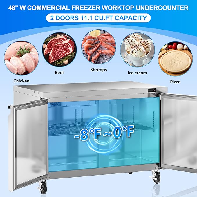 48" W Commercial Undercounter Freezer, 11.1 Cu.ft 2 Door Worktop Under Counter Freezer, Stainless Steel Commercial Kitchen Freezing Equipment for Restaurant, Bar, Shop, etc.