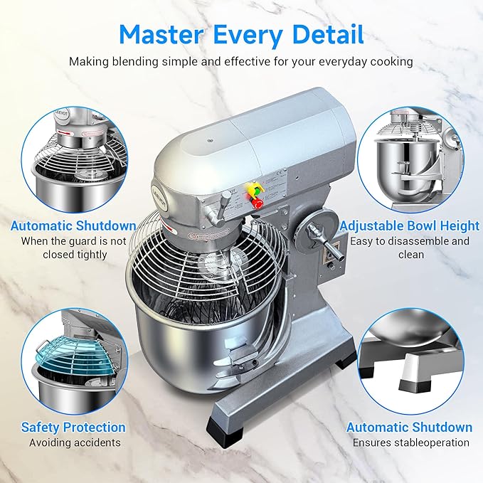 30Qt Commercial Food Mixer with Timing Function,1250W Commercial Stand mixer 3-Speed Adjustable,Electric Heavy Duty Dough Mixer with Stainless Steel Bowl for Bakery Pizzeria