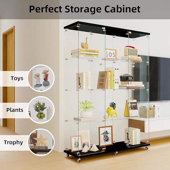Yoluckea 4 Shelves Glass Display Cabinet Extra Large, Floor Standing Clear Glass Curio Cabinet Collection Display Case for Living Room Bedroom 66.14” x 47.64” x 14.57” Black