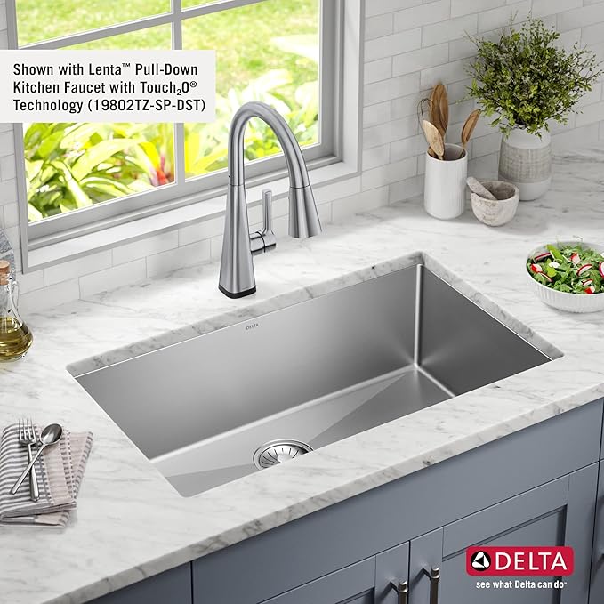 DELTA FAUCET Delta Lenta 32-inch Undermount 16 Gauge Stainless Steel Single Bowl Kitchen Sink with Accessories, 953034-32S-SS, Satin