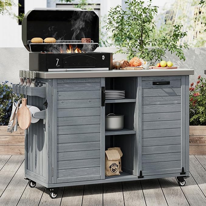 78.3" Outdoor Kitchen Island with Foldable Grill Table - Wooden Grill Cart with Stainless Steel Top, Trash Can Storage and Adjustable Shelves