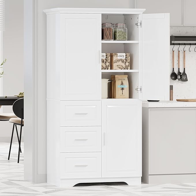 62.5" Storage Cabinet with Doors and Drawers, Kitchen Pantry Cupboard Shelf Organizers for Home, Bathroom and Living Room, Solid Wood Legs, Gray