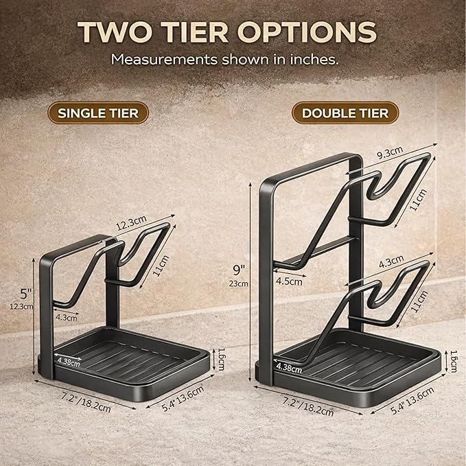 Kitchen Pot Lid Storage Rack, Heat-Resistant Pot Lid Holder While Cooking with Tray, Multifunctional Pot Lid Holder Organizer Rack, Lid and Spoon Rest for Countertop, Stove Top (Double-layer Beige)
