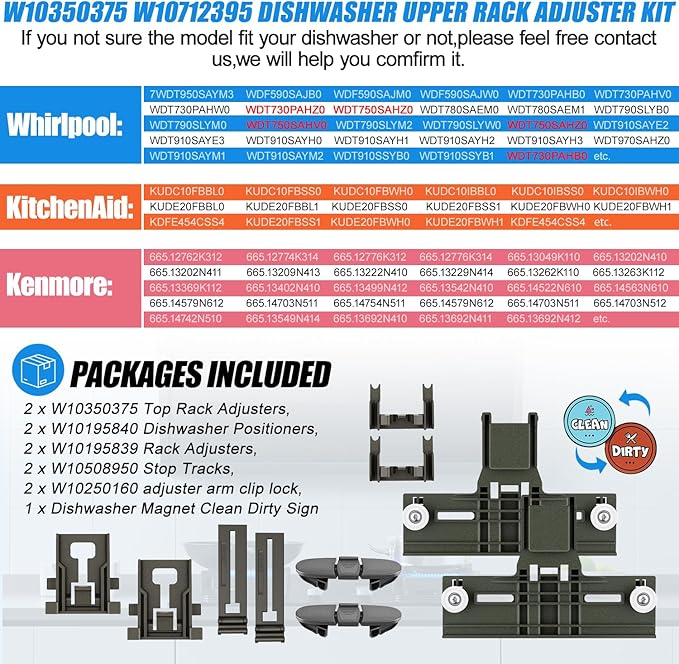 Upgraded W10350375 W10712395 Dishwasher Top Rack Adjuster Parts for Whirlpool WDTA50SAHZ0 Dishwasher Parts WDT750SAHZ0 WDT730PAHZ0 WDT970SAHZ0 Upper Rack Parts,For Kenmore 665 Dishwasher Top Rack Part