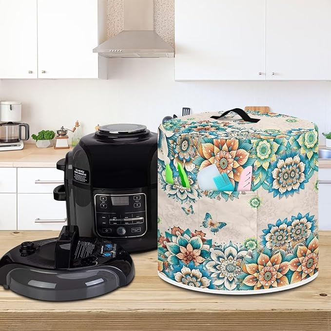 8 Quart Pressure Cooker Cover Air Fryer Accessories, Stain Resistant Washable Electric Appliance Cover with Pockets for Home Kitchen Decor, Boho Flower Butterfly