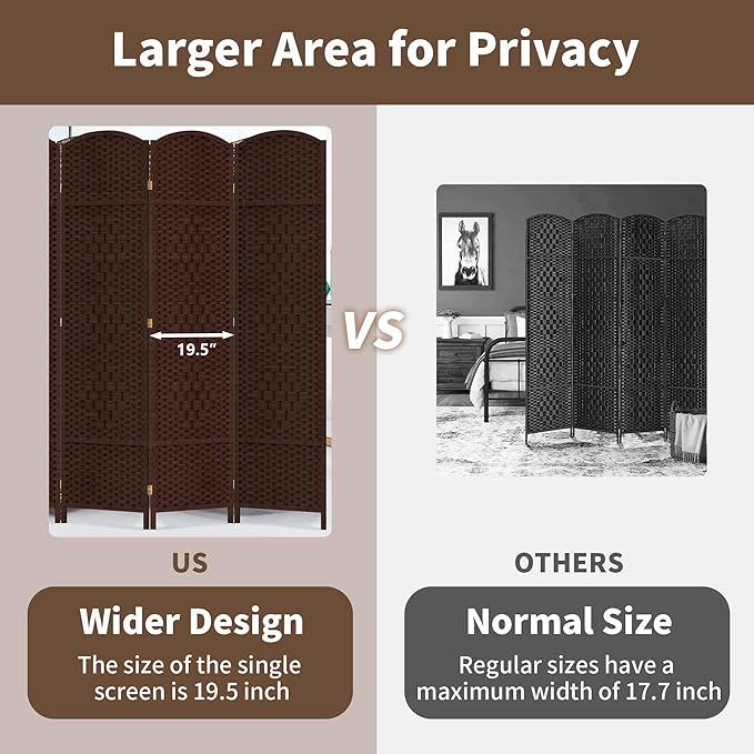 Duraspace 8 Panels Room Divider 6 FT Tall Weave Fiber Privacy Screen Freestanding Double Hinged Folding Screen Extra Wide Room Dividers for Patio Privacy (Brown)