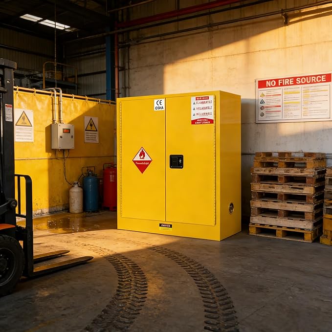 170 Gal Industrial Flammable Storage Cabinet Metal Locking Cabinet for Flammable Liquids & Hazardous Material Storage, Double Alloy Steel, 3-Point Lock, Adjustable Shelves, Lab Flammable Safe-Yellow