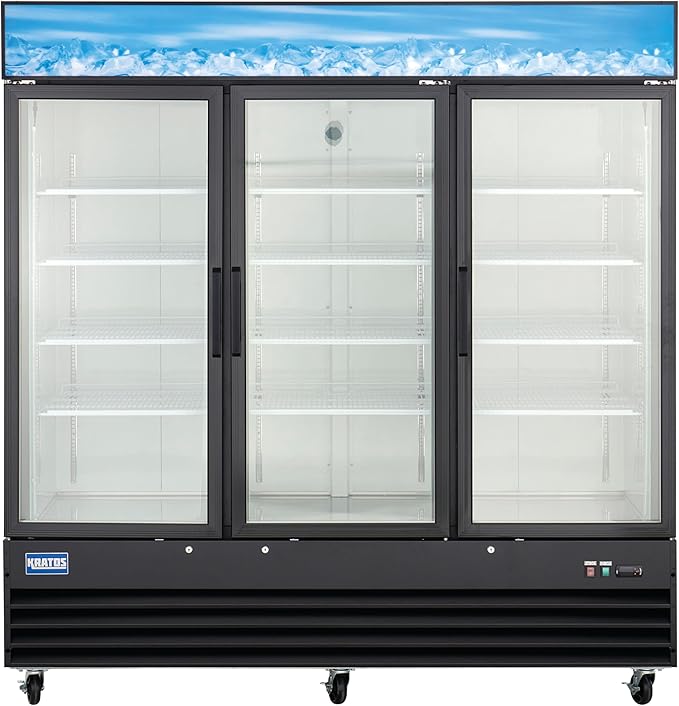 Kratos Commercial Three Door Merchandising Freezer, Large Glass Door Black Mobile Display Freezer for Markets and C Stores, 78" Wide, LED Lighting, 115V (67K-211)