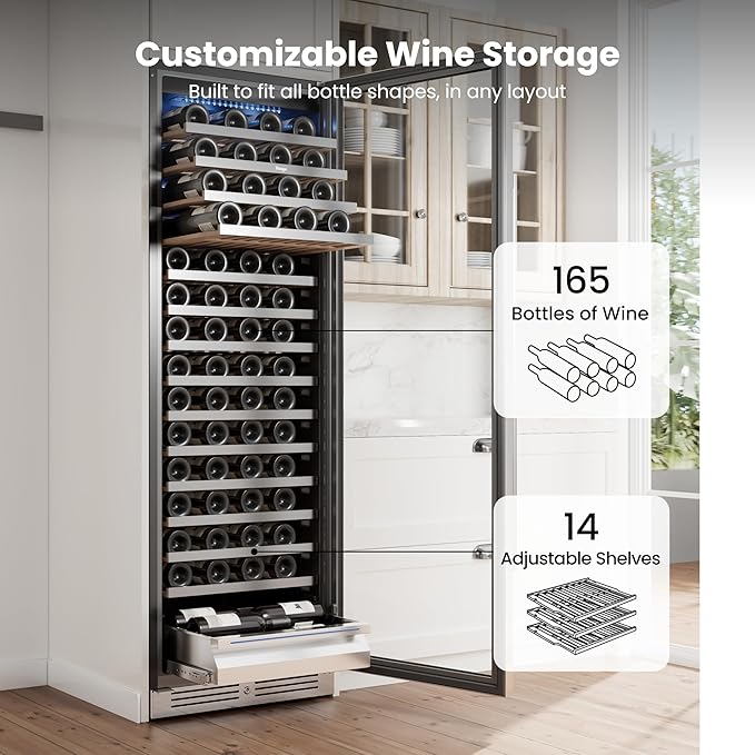Yeego 24 Inch Wine Cooler Fridge – Wine Refrigerator 40°F-65°F, 304 Stainless Steel Glass Door Lock, Temperature Memory Blue & White LED Built-in Fridge with Adjustable Shelves (165 Bottle)