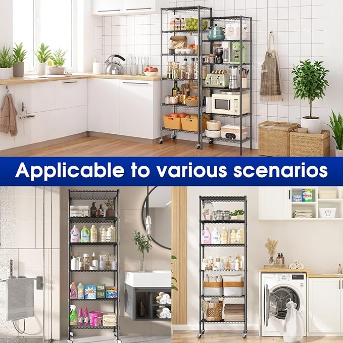 3 Pack Adjustable 6-Tier Storage Shelves with Wheels, 750 lbs Capacity Heavy Duty Wire Shelving Rack, 14" D x 24" W x 71" H Rolling Metal Shelving for Garage, Closet, Kitchen