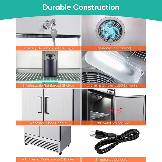 54"Commercial Freezer, 49 Cu.Ft Four-Door Stainless Steel Reach-In Freezer, -8~0℉, Air Cooling, 6 Shelves, R290