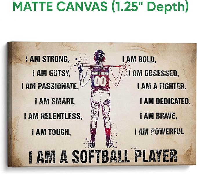 Custom I Am A Softball Player Gift For Her Softball Girl Room Personalized Name Number Poster & Framed Canvas, Wall Art Home Office Decoration Living Room Bedroom Aesthetic Decor
