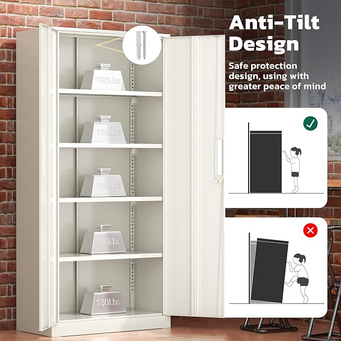 Greenvelly Metal Garage Storage Cabinet with 2 Doors and 4 Adjustable Shelves, 72”H Steel Lockable Storage Cabinet,Tall Metal Cabinet Locking File Cabinet for Office,Home, Garage, Gym, School