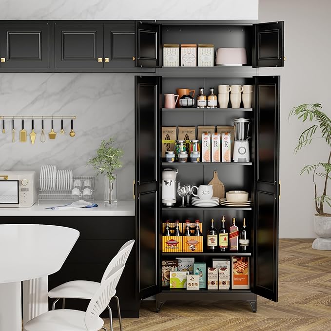 Kitchen Pantry Storage Cabinets, 90" Tall Metal Storage Cabinet with Doors and 4 Shelves, Black Pantry Cabinet, Utility Kitchen Cupboard, Large Steel Cabinets for Dining Room, Office, Living Room