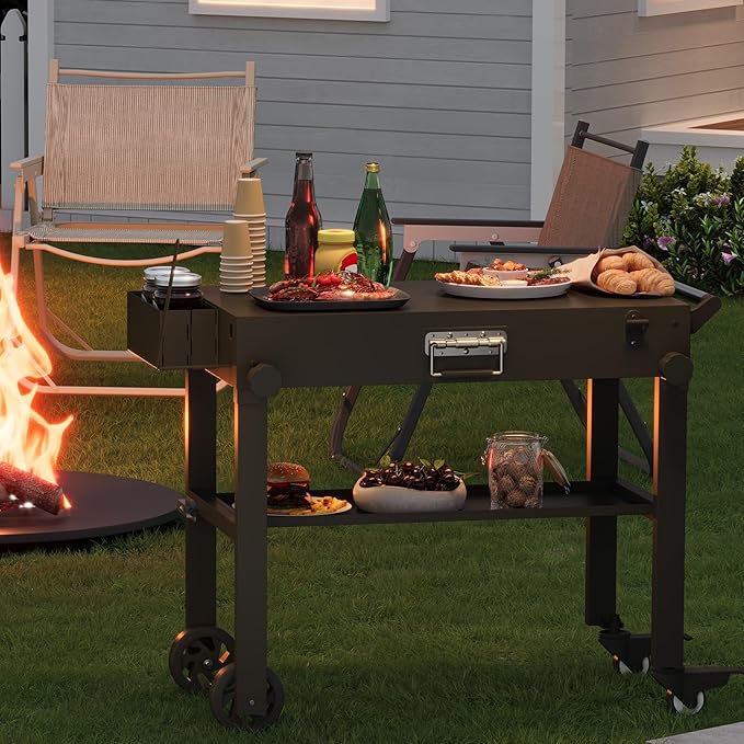 Portable Outdoor Grill Stand, Foldable Griddle Cart Table with Wheels, Pizza Oven Table Stand, Rolling Kitchen Work Table for BBQ Grilling, Food Trailer, Patio and Outdoor Cooking