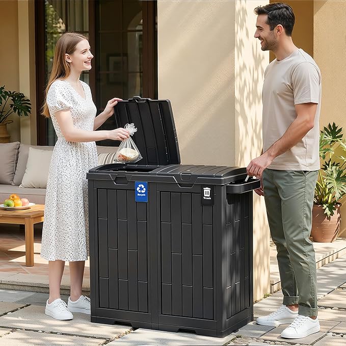 DWVO 76 Gallon Outdoor Trash Can, Dual-Compartment Resin Garbage Bin with Lid, Includes 2 Sorting Labels, Ash Holder, Stakes & Suction Cups, Hideaway Storage for Patio Backyard Garden, Black