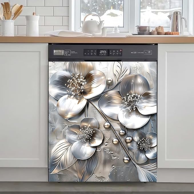 Silver Embossed Flower Magnetic Dishwasher Cover 23x26 Inch Floral Pearl Panel for Fridge Appliance Kitchen Door Magnet Sticker Surface Wrap Decorative Metal Look Art