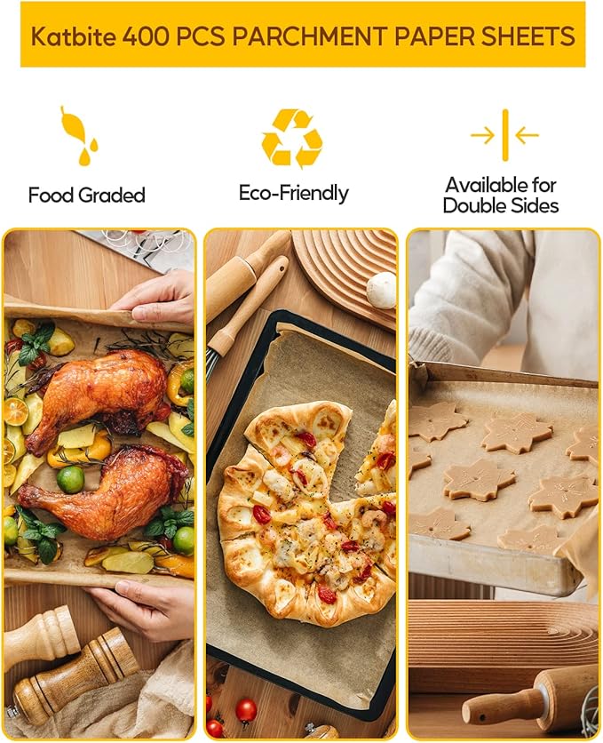Katbite 800PCS Unbleached Parchment Paper Sheets, 12 x 16 IN Pre-Cut Baking Parchment, Heavy Duty Non-Stick Baking Paper for Half Sheet Cookie Bread Cake Pans, Grilling Meat Pizza,Oven,Air Fryer