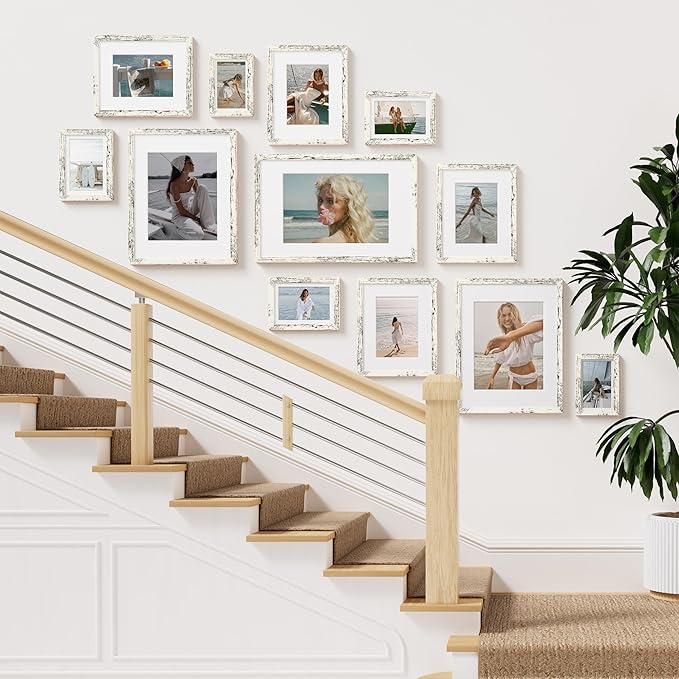 Vittanly 8x10 Picture Frame Set of 2, Solid Wood Frame for Wall or Tabletop, Display Photo 5x7 with Mat or 8x10 without Mat, Distressed White