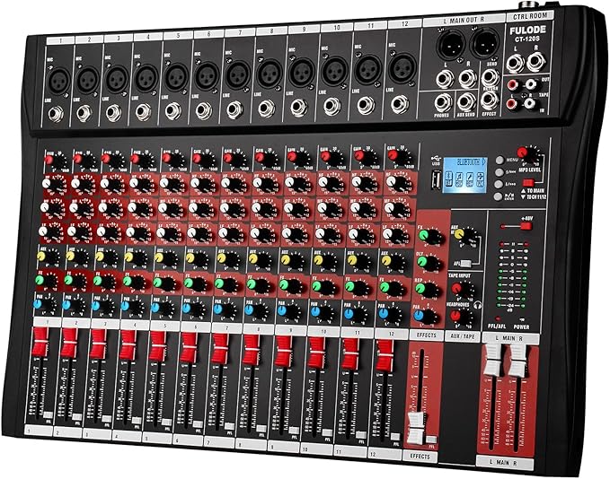 12 Channel Mixer Audio Console, CT-120S Professional Music Mixer DJ Mixing Board with Reverb Bluetooth MP3 Player 48V Phantom Power Supply USB Recording for Studio Karaoke Live Performance
