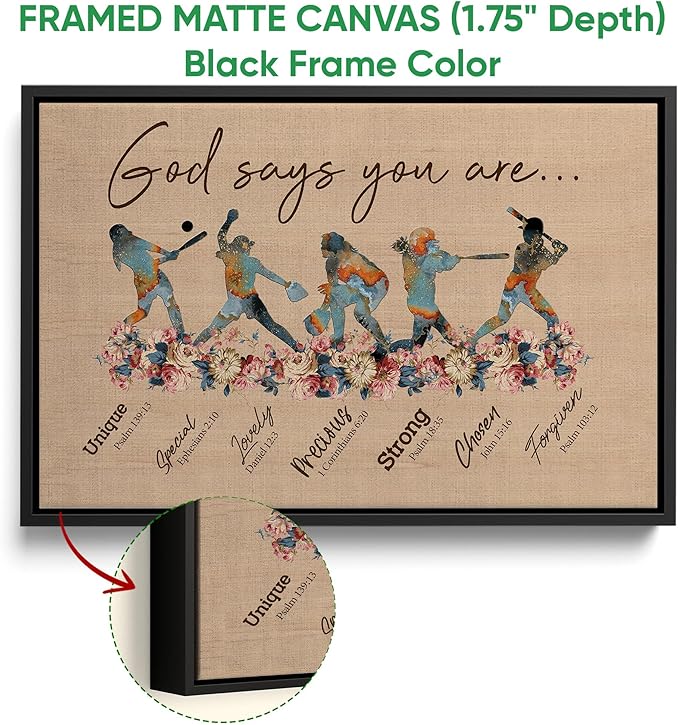 God Says You Are Gifts For Softball Girls Women Fan Vintage Floral Sports Gifts For Girl Poster & Framed Canvas, Wall Art Home Office Decoration Living Room Bedroom Aesthetic Decor