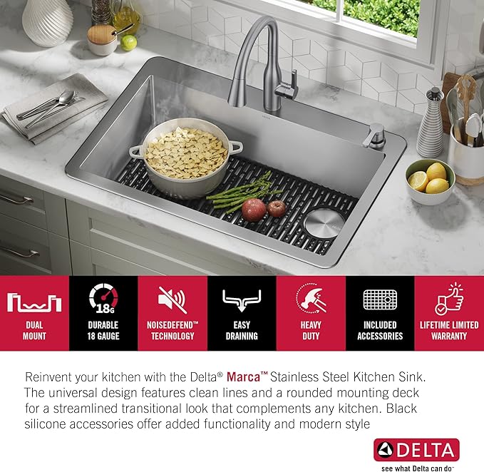 DELTA FAUCET Delta Marca 33 inch Drop-In Undermount Stainless Steel Single Bowl Kitchen Sink with Accessories
