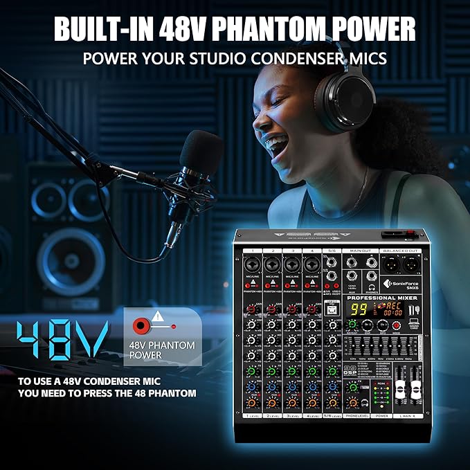 6 Channel Audio Mixer, 99 DSP Sound Board Console with 48V Phantom Power, Professional DJ Mixer for Podcasting, Streaming, Studio Recording (SMX6)