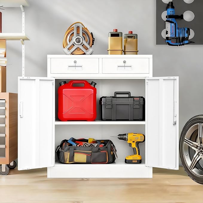 BESFUR Metal Storage Cabinet, Locking Storage Cabinet with Doors and Shelves, White Metal Cabinets with Drawers for Office, Home, Garage