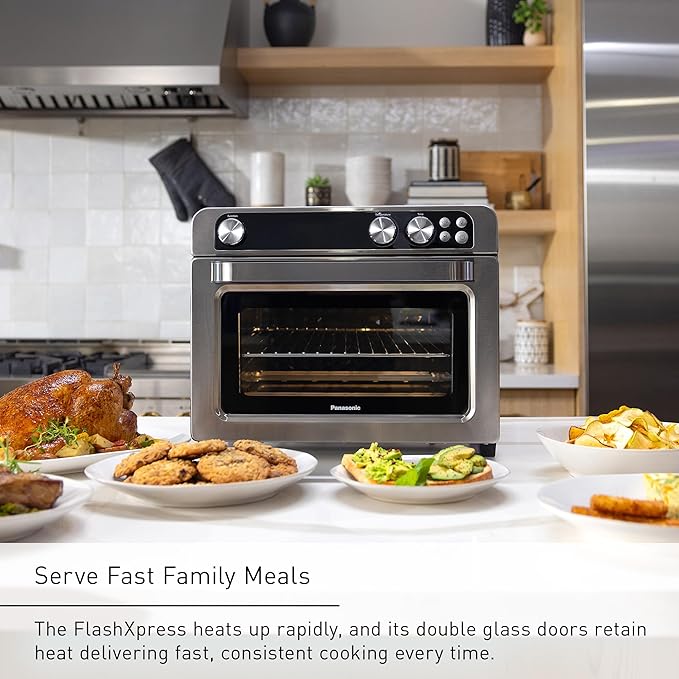 Panasonic FlashXpress Family Size Air Fryer Toaster Oven Combo, 11 Cooking Functions, 1800W PFAS-Free, Double Infrared Heating, Temperature Control Dial, Stainless Steel - NB-G211P