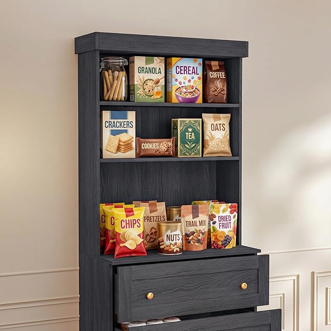 Vyre 71" Farmhouse Kitchen Pantry Cabinet Set of 4, Black Freestanding Coffee Bar Hutch with Drawers & Adjustable Shelves, Large Storage Cabinet with Microwave Stand for Living Room & Kitchen