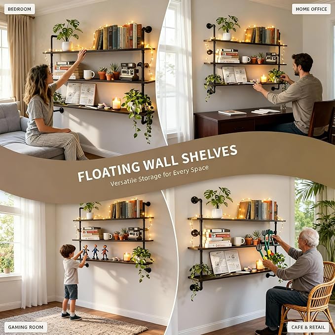 Industrial Pipe Shelving Rustic Black Wall Shelves with Wood Planks Industrial Floating Shelves 48 Inch 3 Tier Farmhouse Bookshelf Pipe Shelves Wall Mounted,Open Shelving For living room/office