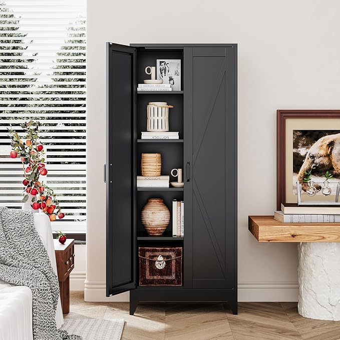 Black Tall Farmhouse Metal Pantry Linen Storage Cabinet and Organizers - Cupboard 75" H x31.5 W x15.7 D Rustic Hutch Cabinet Bookcase with Doors and Adjustable Shelves for Home Office