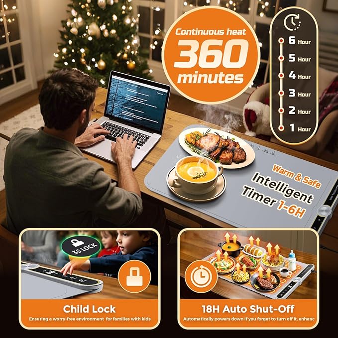 Warming Mat for Food - Super Large 40"x15" Electric Warming Tray Warm 10 Dishes, 9-Temperature Adjustable, 1-6H Timer, Child Lock, 8s Fast Heating, Foldable Food-Grade Silicone Design
