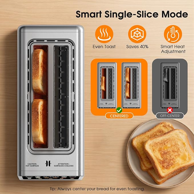 4-Slice Smart Toaster with Digital Touchscreen & 1-Touch Memory for Family | Stainless Steel, Extra-Wide Long Slots for Bagels & Artisan Bread | All-in-One Defrost, Reheat & Single-Slice Modes