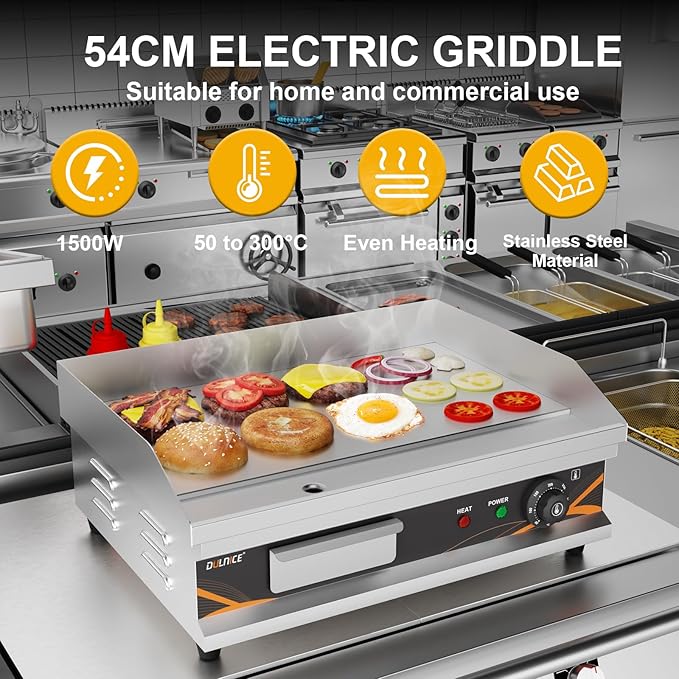 22" Commercial Electric Griddle, 1500W Electric Countertop Griddle Flat Top Grill with Thermostat 0-300℃, Stainless Steel Heavy Duty Large Grill for Restaurant BBQ