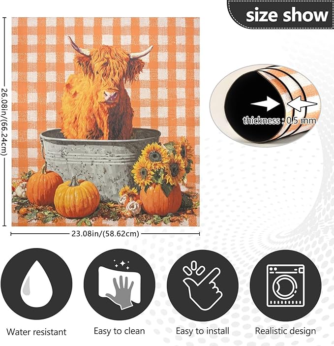 Fall Cow Orange Plaid Dishwasher Magnet Cover for Front Panel Magnetic Dishwasher Cover Decorative Refrigerator Magnet Covers Dishwashers Magnetic Sticker for Home Kitchen Decor, 23" x 26"