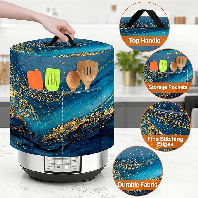 Kitchen Appliance Accessories Dust Cover for 3-6-8 Quart Instant Pot, Pressure Cooker, Air Fryer & Crock Pot,Decorative Appliance Cloth Cover with Top Handle & Storage Pockets (Deep Blue, 8 Quart)