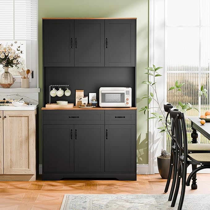 Cozy Castle 71" Tall Kitchen Hutch Cabinet with Drawers and Power Outlet, Farmhouse Pantry Storage Cabinet, Large Wood Coffee Bar Microwave Stand Cupboard for Dining Room Living Room, Black