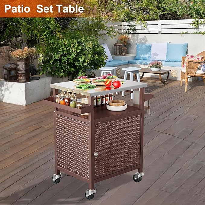Outdoor Pizza Oven Table,Outdoor Table with Waterproof Cover, Movable Pizza Oven Stand Tables (Brown)