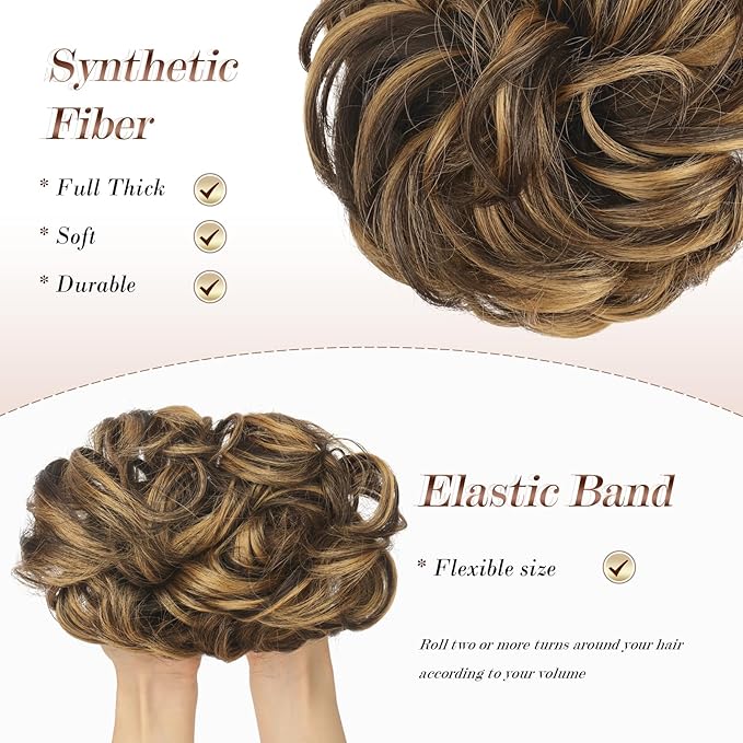 FESHFEN Large Messy Bun Hair Piece - Wavy Synthetic Chignon Scrunchies Elastic Ponytail Hair Extensions Thick Hairpieces for Women, Brown Highlighted Caramel Blonde 1.94oz