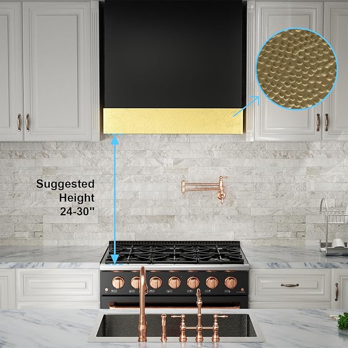 Akicon Range Hood 36 Inch, Stainless Steel Ducted Kitchen Hood with Powerful Motor, Wall Mount Modern Box, 36W X 30H X 14D Inch, AK-HS36HA-JBG (Jet Black with Gold)