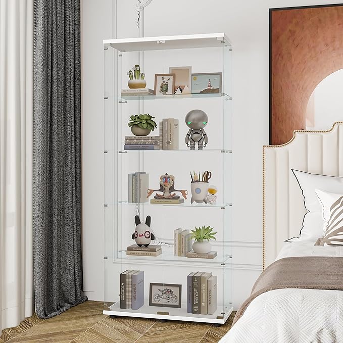 Yoluckea 5 Shelves Glass Display Cabinet with 2 Doors, Floor Standing Clear Glass Curio Cabinet Collection Display Case for Living Room Bedroom 73.82” x 31.69” x 14.37” White