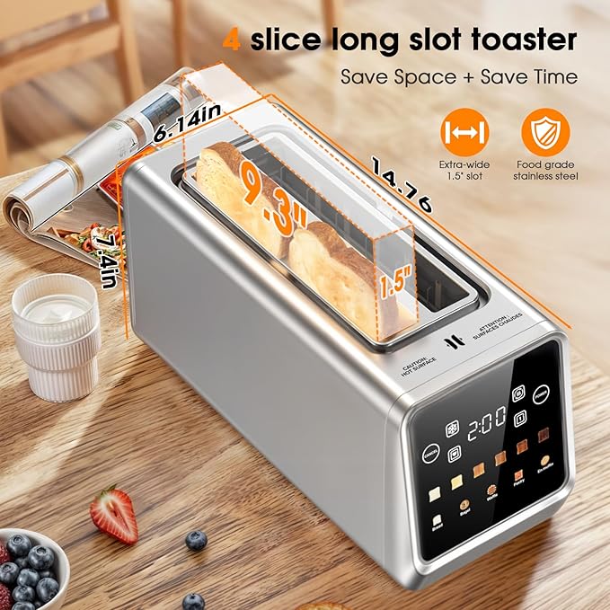 4-Slice Smart Toaster with Digital Touchscreen & 1-Touch Memory for Family | Stainless Steel, Extra-Wide Long Slots for Bagels & Artisan Bread | All-in-One Defrost, Reheat & Single-Slice Modes